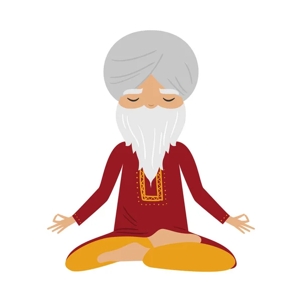 Meditating old yogi man with a white turban and red clothes sitting in a lotus position. Vector illustration in flat cartoon style. — Stockový vektor