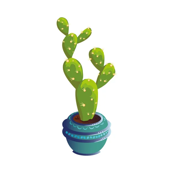 Cactus verde decorativo con espinas en una olla azul de cerámica. Ilustración vectorial en estilo plano de dibujos animados . — Vector de stock