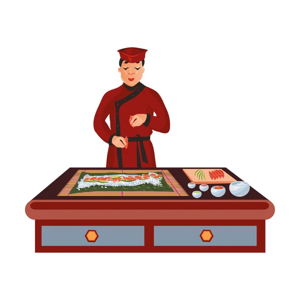 Professional Japanese chef in red uniform makes sushi on the table. Vector illustration in flat cartoon style. — ストックベクタ