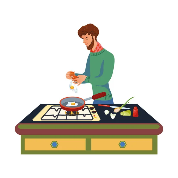 A bearded man in a green sweater is cooking scrambled eggs on the pan. Vector illustration in flat cartoon style. — ストックベクタ