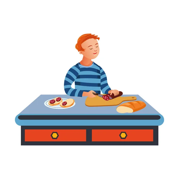 Мальчик режет сосиски на тарелке для сэндвича. Векторная иллюстрация в плоском стиле мультфильма . — стоковый вектор