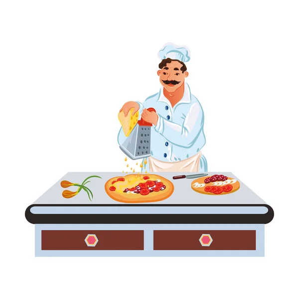 Professional chef in white uniform makes pizza on the table. Vector illustration in flat cartoon style. — Wektor stockowy