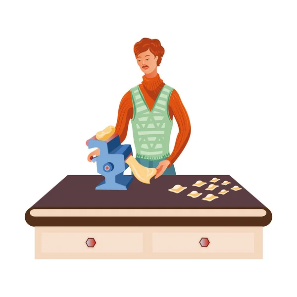 El hombre pelirrojo cocina en una hoja de masa. Ilustración vectorial en estilo plano de dibujos animados . — Archivo Imágenes Vectoriales