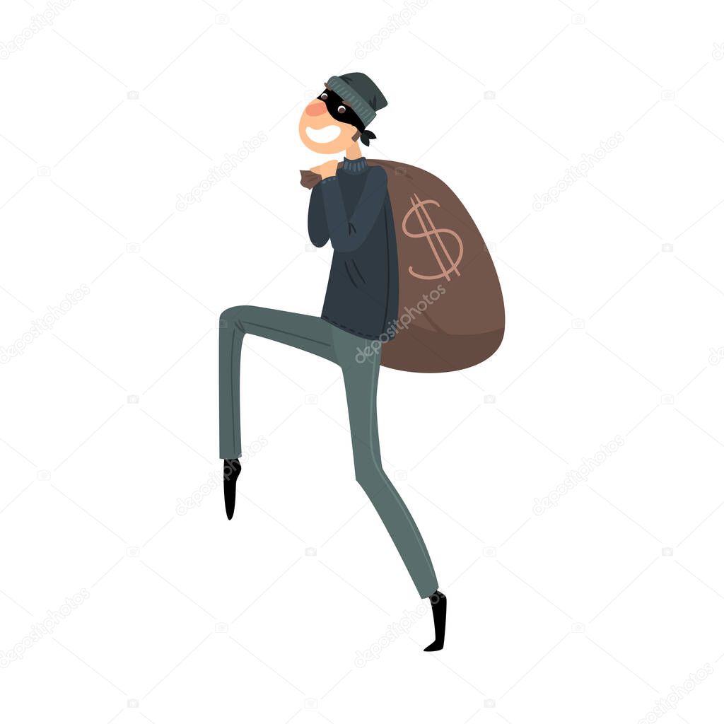 Sneaking thief in mask and black suit with a bag of money. Vector illustration in flat cartoon style.