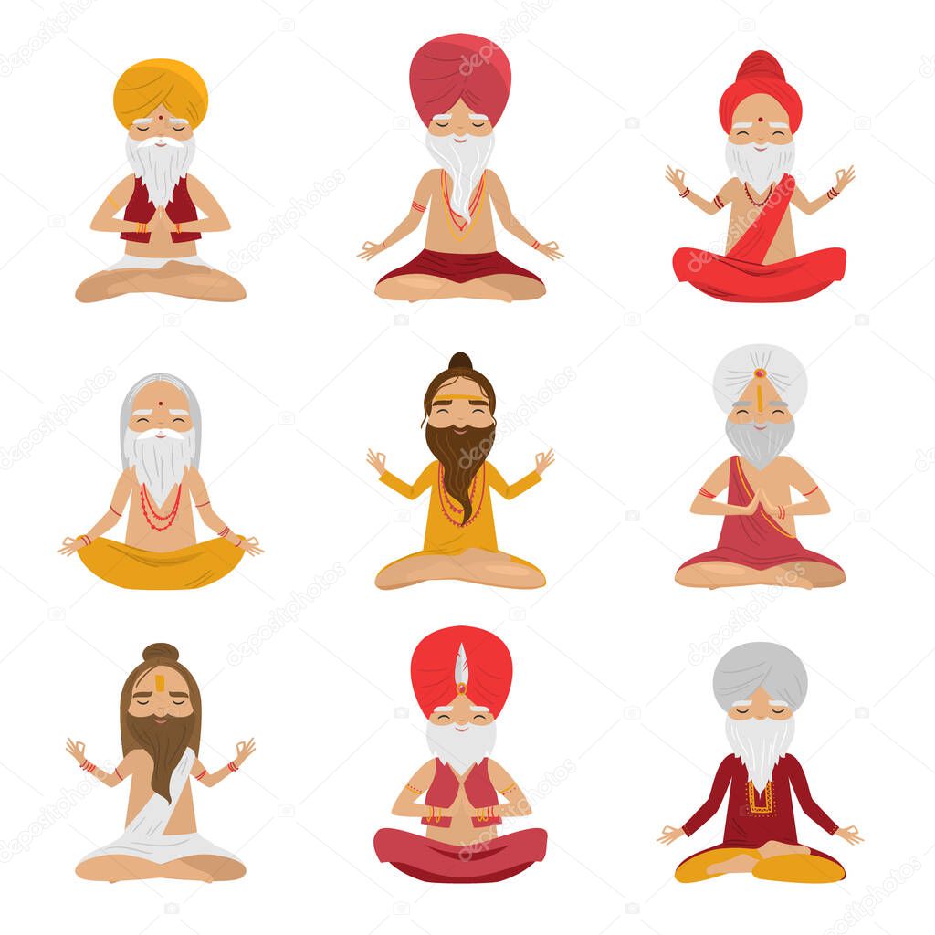 Set of meditating yogi men characters in the lotus position. Vector illustration in flat cartoon style.