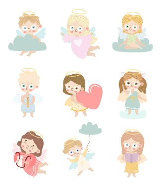Set small cute boys and girls angels vector illustration
