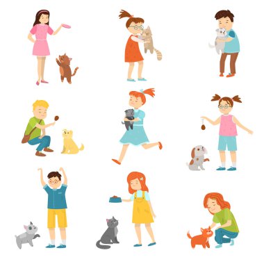 Set of children with funny cute pets vector illustration