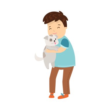 Boy standing and holding his puppy dog pet vector illustration