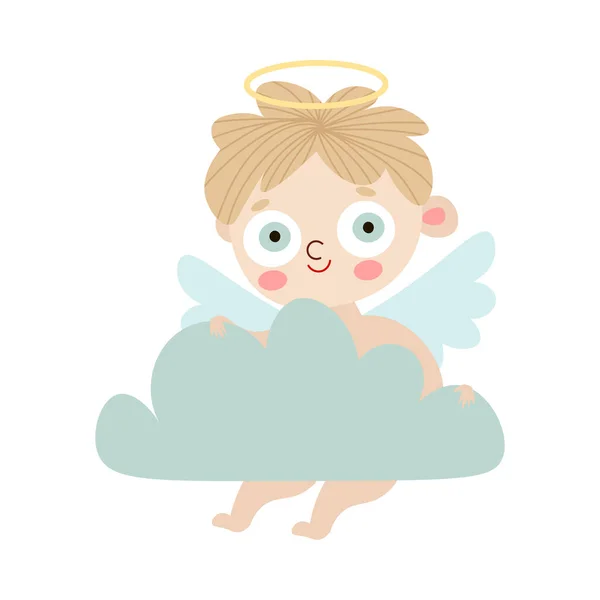Ángel niño con alas y halo sosteniendo la ilustración vector nube — Vector de stock