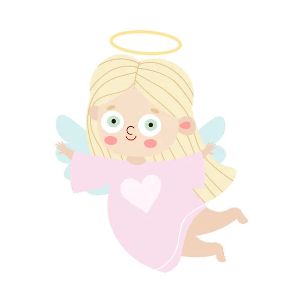 Menina loira anjo com asas e halo voador vetor ilustração —  Vetores de Stock