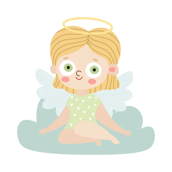 Chica rubia ángel sentado en la nube vector ilustración — Vector de stock