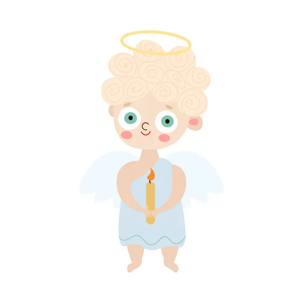 Ángel niño con alas y halo sosteniendo vela vector ilustración — Vector de stock