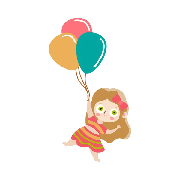 Linda chica de pelo claro feliz sosteniendo los globos. Ilustración vectorial en estilo plano de dibujos animados . — Vector de stock