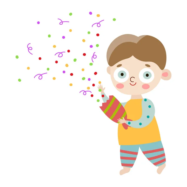 El lindo niño sonriente feliz en pantalones a rayas con galleta de fiesta. Ilustración vectorial en estilo plano de dibujos animados . — Vector de stock