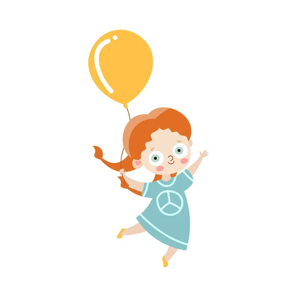 Linda chica pelirroja feliz sosteniendo el globo en un vestido azul con un símbolo de paz. Ilustración vectorial en estilo plano de dibujos animados . — Vector de stock