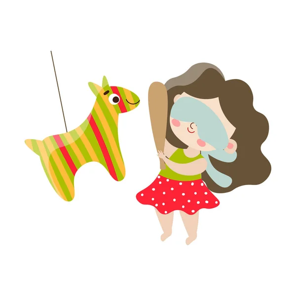 Cute happy dark-haired girl playing pinata. Vector illustration in flat cartoon style. — Wektor stockowy