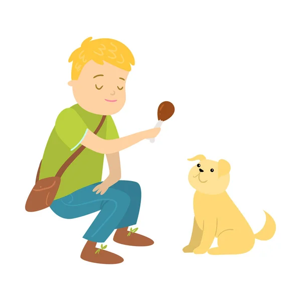 Boy teasing his puppy dog pet with bone vector illustration — Stockvector