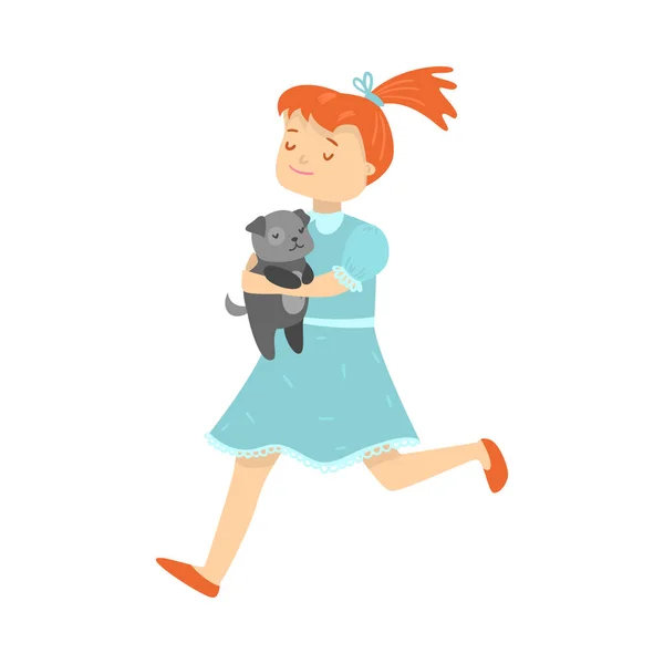 Girl running and holding her puppy in hands vector illustration — 图库矢量图片