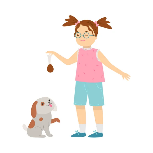 Girl training her puppy pet with bone treat vector illustration — 图库矢量图片