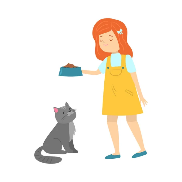 Girl standing and feeding her cat from bowl vector illustration — Stockvektor