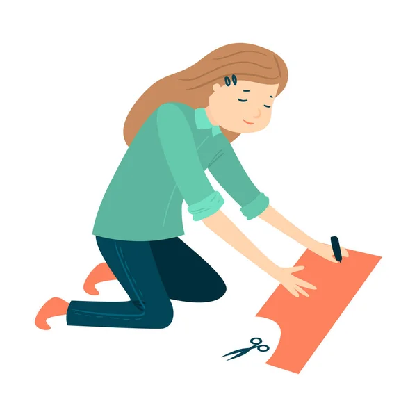 Woman making sewing pattern with scissors vector illustration — Wektor stockowy