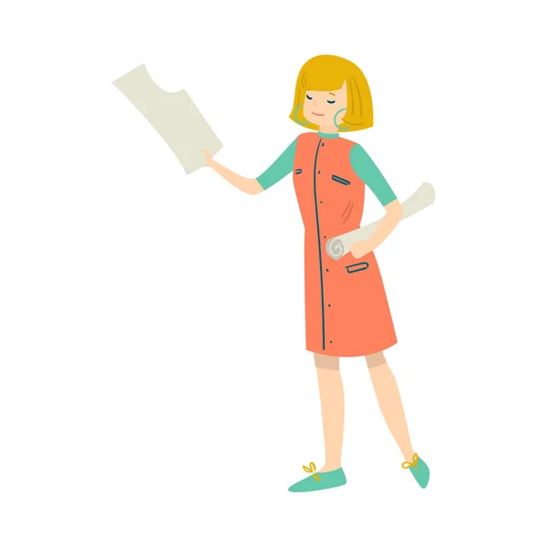 Woman standing and holding sewing pattern in hands vector illustration — 图库矢量图片