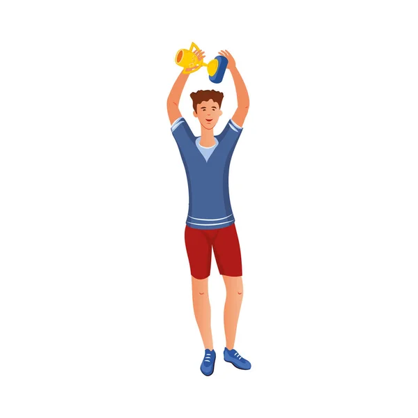 Deportista feliz de pie y la celebración de oro taza de la victoria vector ilustración — Vector de stock