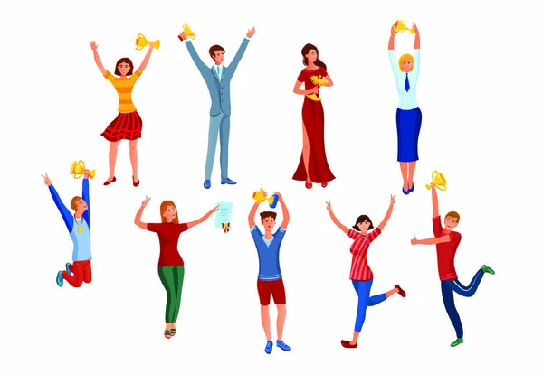 Set of women and men happy with victory vector illustration — ストックベクタ