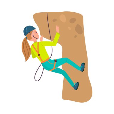 Girl alpinist in blue helmet climbing hill vector illustration