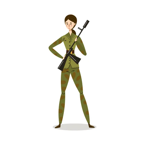 Femme en uniforme militaire élégant debout avec illustration de pistolet — Image vectorielle