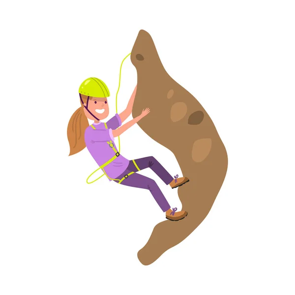 Smiling girl alpinist in green helmet climbing hill vector illustration — Stok Vektör