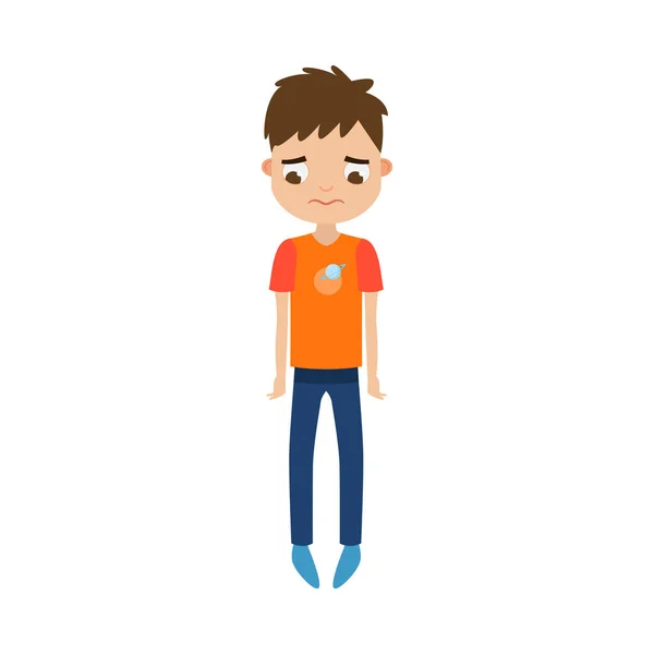The cute brown-haired boy standing in blue pants with a sad face. Vector illustration in flat cartoon style. — Διανυσματικό Αρχείο