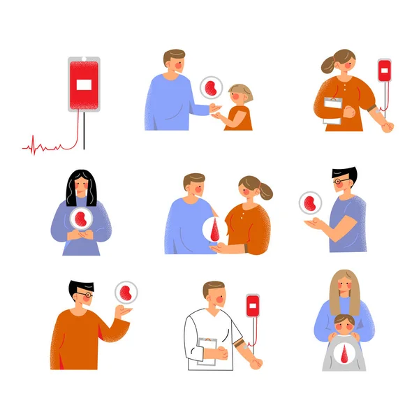 Conjunto de varios donantes de sangre y personajes de transfusión. Ilustración vectorial en estilo plano de dibujos animados . — Vector de stock