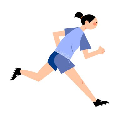 Mavi tişörtlü bayan futbolcu doğru yerde koşuyor. Çizgi film tarzında vektör illüstrasyonu.