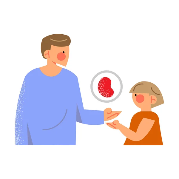 Vuxna manliga donatorer ger blod till barnet. Vektor illustration i platt tecknad stil koncept. — Stock vektor
