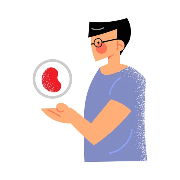 Volunteer man in the blue shirt with the blood donation symbol concept. Vector illustration in flat cartoon style. — Stock Vector