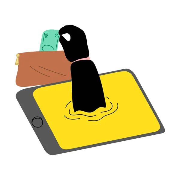 Ladrones cibernéticos mano robando dinero de una billetera en línea smartphone, tarjeta de crédito. Ilustración vectorial en estilo plano de dibujos animados . — Archivo Imágenes Vectoriales