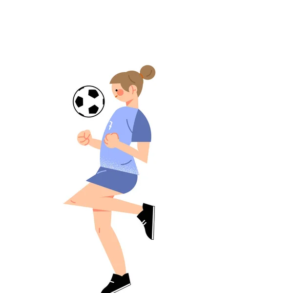 Joueuse de football dans le t-shirt bleu donnant un coup de pied au ballon vue du côté gauche. Illustration vectorielle en style dessin animé plat . — Image vectorielle