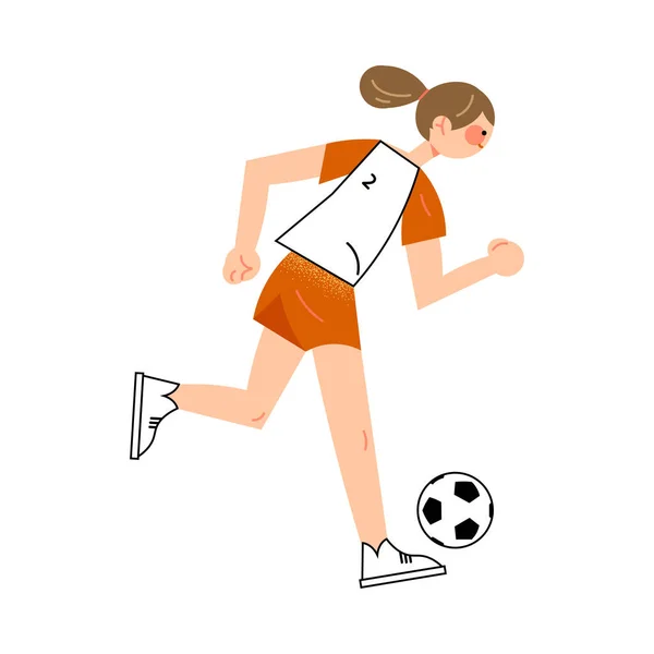 Fußballerin in den roten Shorts, die mit dem Ball auf der rechten Seite läuft. Vektorillustration im flachen Cartoon-Stil. — Stockvektor