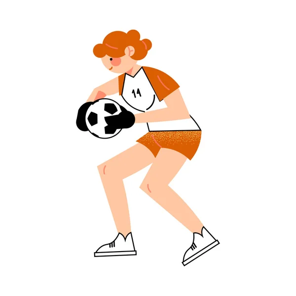Женский футболист вратарь в красных шортах ловит мяч правый вид. Векторная иллюстрация в плоском стиле мультфильма . — стоковый вектор