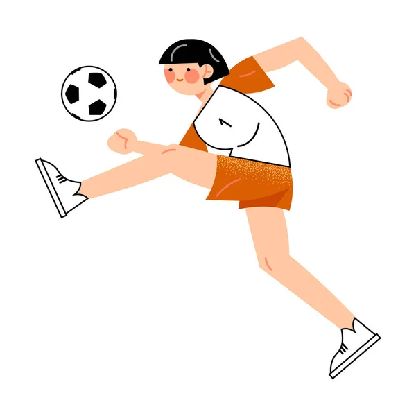 Joueuse de football dans le short rouge frappe le ballon vue du côté gauche. Illustration vectorielle en style dessin animé plat . — Image vectorielle