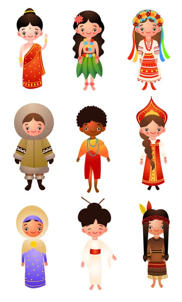 Een set van verschillende nationaliteit vrouwen die traditionele etnische kleding dragen. Vector illustratie in platte cartoon stijl. — Stockvector