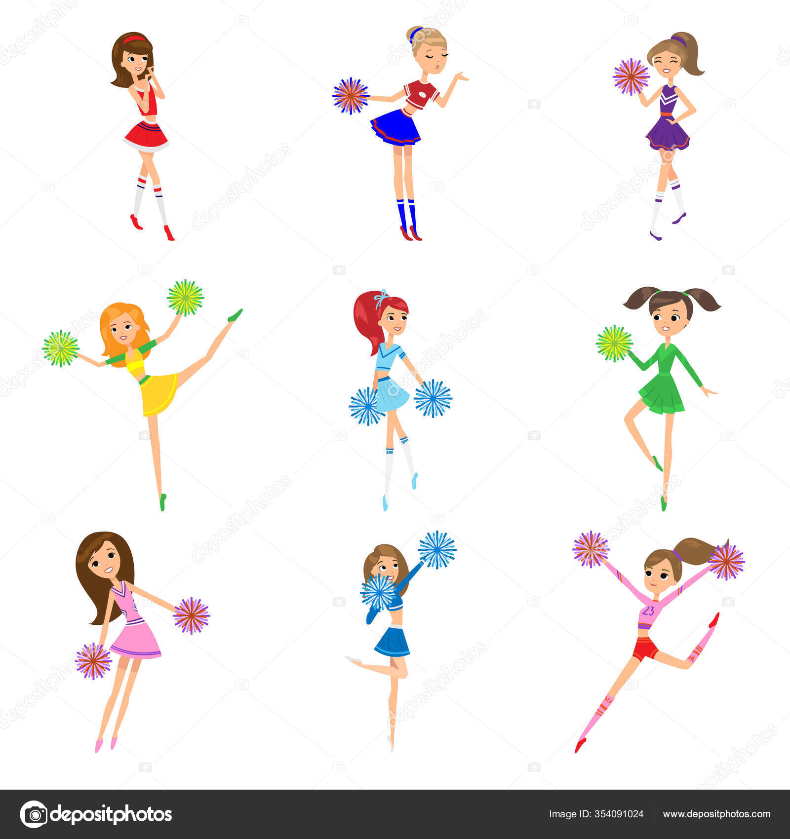 Set of girls cheerleaders with pompons vector illustration Stock