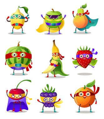 Maskeli ve pelerinli meyve ve meyveli komik süper kahramanlar. Çizgi film tarzında vektör illüstrasyonu.