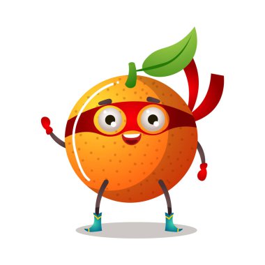 Kırmızı maskeli ve boks eldivenli komik süper kahraman portakalı insanlaştırdı. Vektör illüstrasyonu beyaz arkaplanda izole edildi