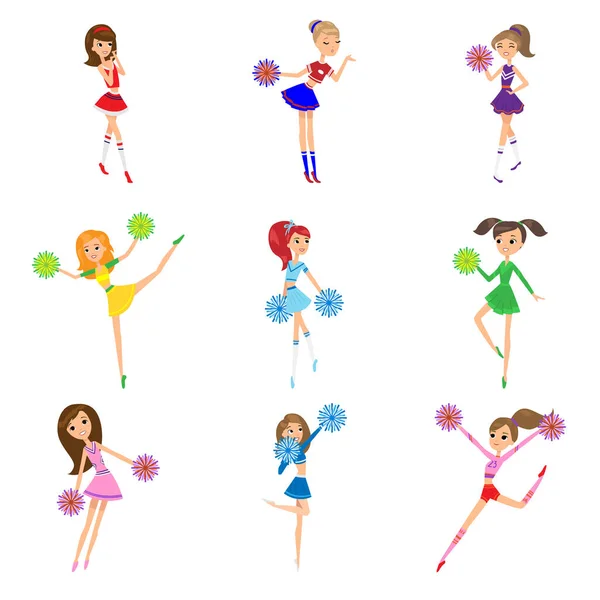 Conjunto de chicas animadoras con pompones vector ilustración — Vector de stock