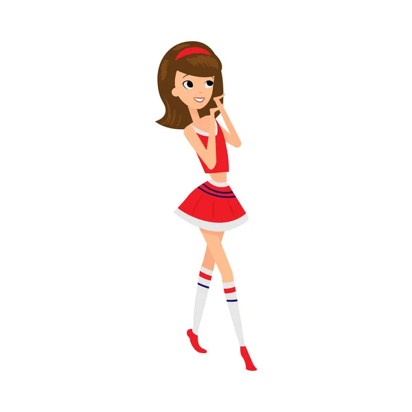 年轻女子专业啦啦队队长黑发红色服装矢量插图 — 图库矢量图片