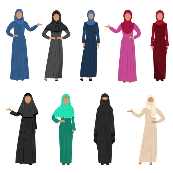 Zestaw muzułmańskich arabskich kobiet noszących tradycyjne ubrania etniczne. Ilustracja wektora w stylu płaskiej kreskówki. — Wektor stockowy