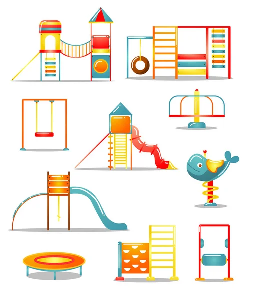 Set van verschillende speeltoestellen voor kinderen. Vector illustratie in platte cartoon stijl. — Stockvector