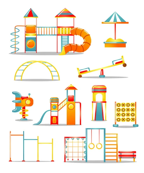 Set van diverse speeltoestellen voor kinderen. Vector illustratie in platte cartoon stijl. — Stockvector